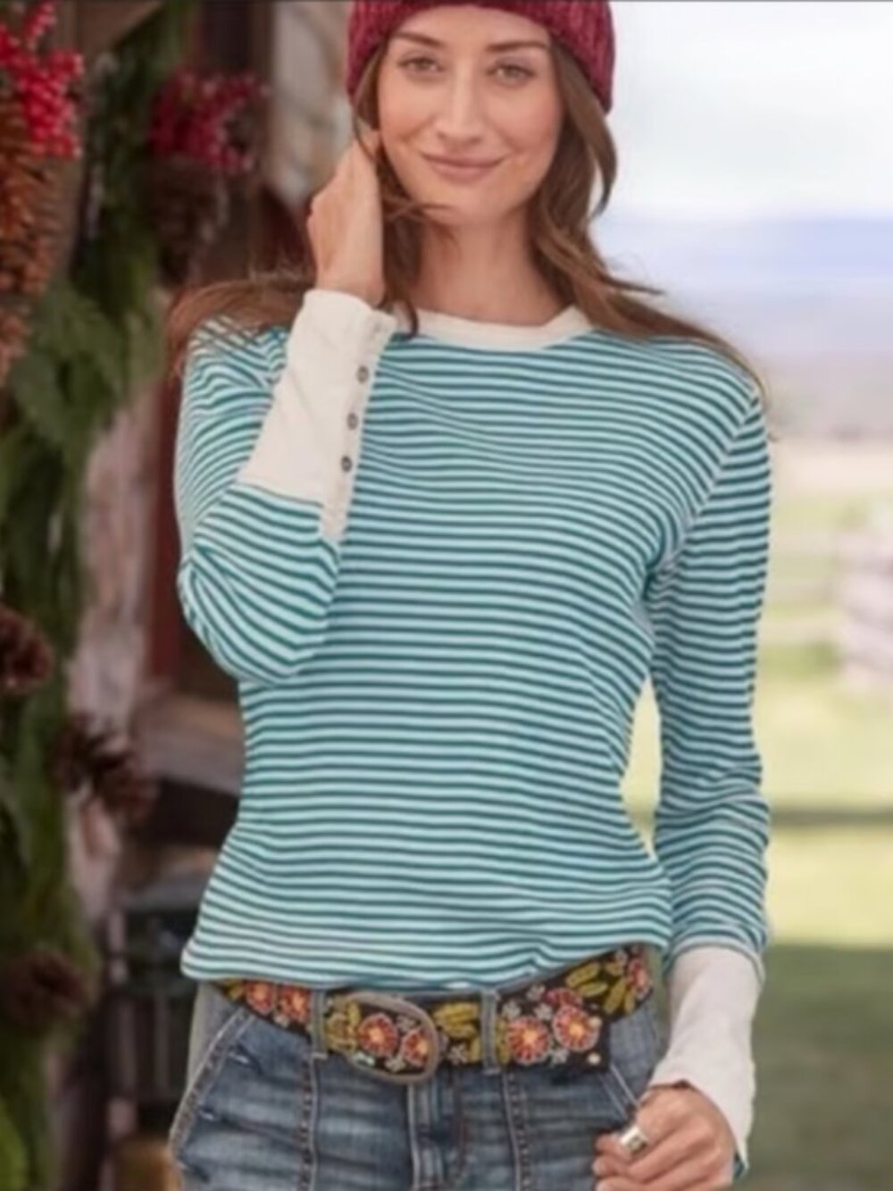Sundance Blue White Striped Ribbed Thermal Long Sleeve Top Contrast Cuff Size L